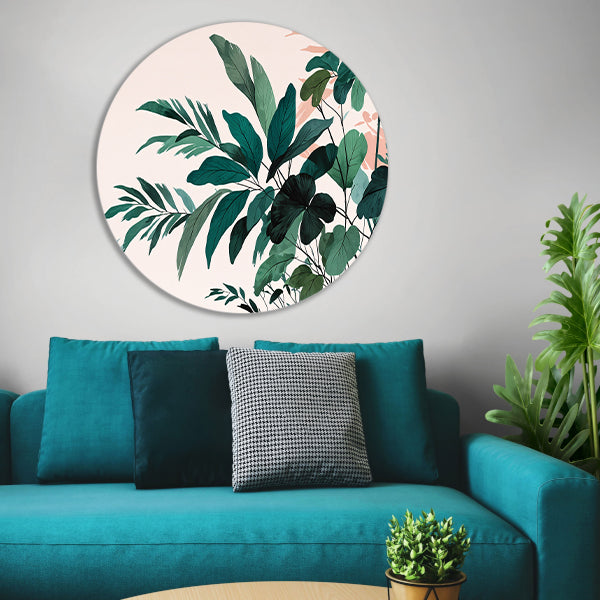 Japandi stijl botanisch kunstwerk met bladeren aluminium muurcirkel
