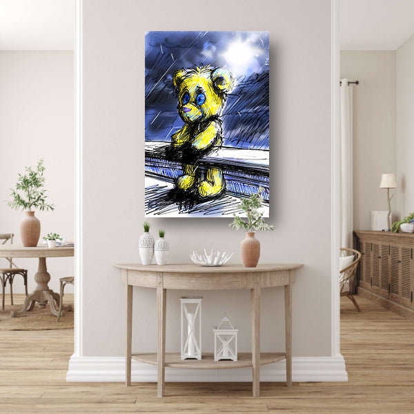 Eenzame gele teddybeer in de regen poster