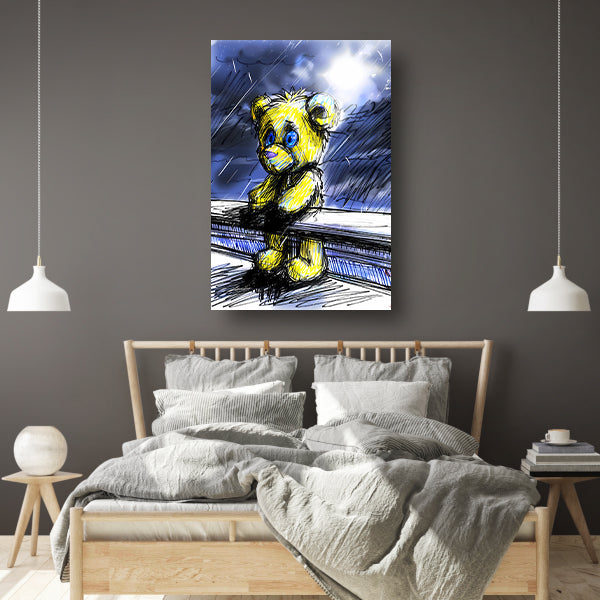 Eenzame gele teddybeer in de regen poster