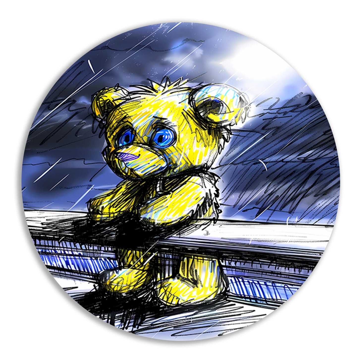 Eenzame gele teddybeer in de regen aluminium muurcirkel