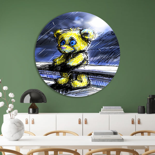 Eenzame gele teddybeer in de regen aluminium muurcirkel