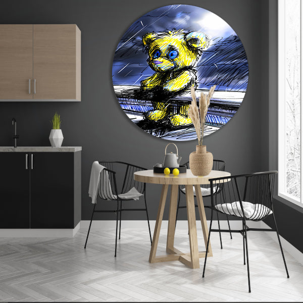 Eenzame gele teddybeer in de regen aluminium muurcirkel