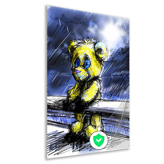 Eenzame gele teddybeer in de regen poster