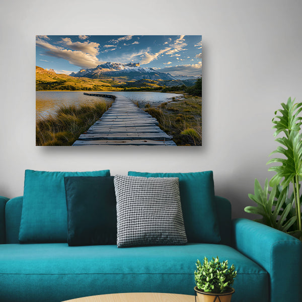 Brug naar serene berglandschap bij meer canvas