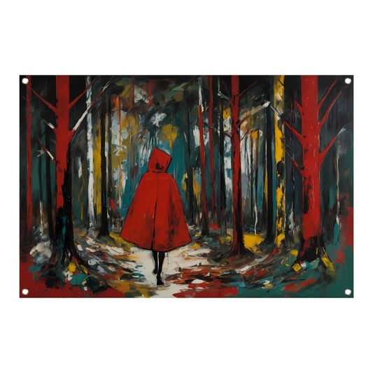 Eenzame Rode Figuur Wandelend in Kleurrijk Bos tuinposter