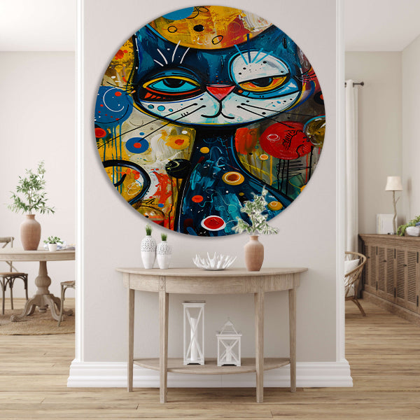 Kleurrijk Popart Schilderij van een Kat aluminium muurcirkel