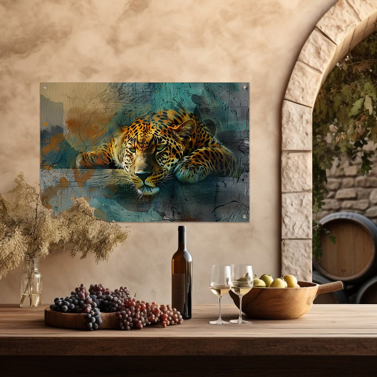 Surrealistische levendige luipaard kunst tuinposter