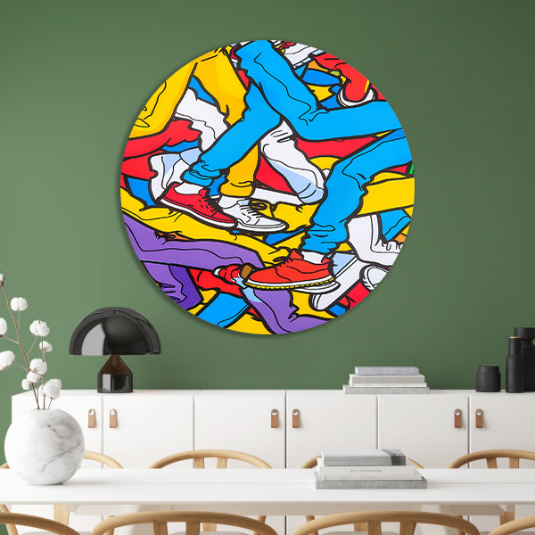 Kleurrijke benen en schoenen in abstracte stijl aluminium muurcirkel