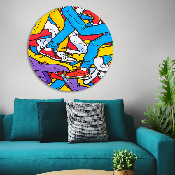 Kleurrijke benen en schoenen in abstracte stijl aluminium muurcirkel