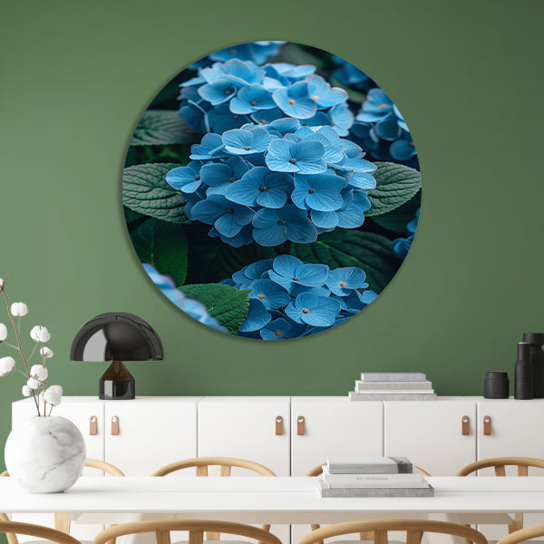Blauwe bloemen in de tuin aluminium muurcirkel