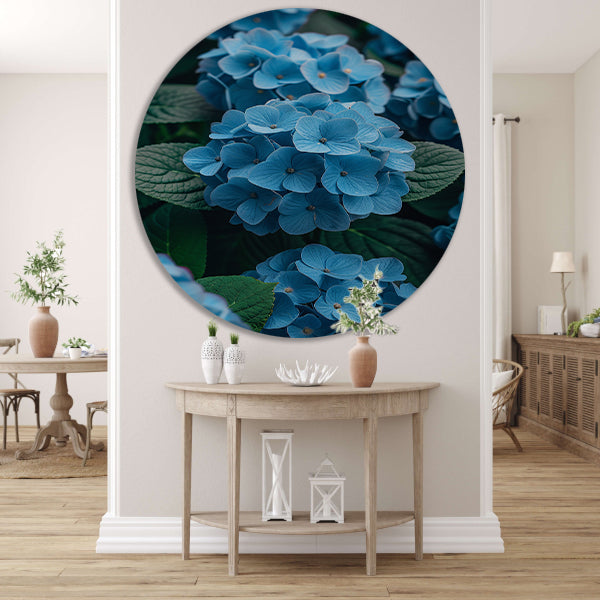 Blauwe bloemen in de tuin aluminium muurcirkel