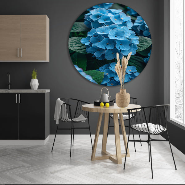 Blauwe bloemen in de tuin aluminium muurcirkel