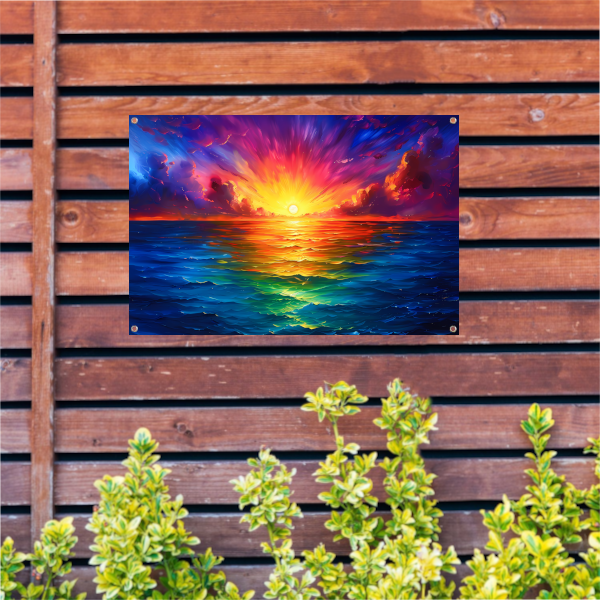Kleurrijke zonsondergang boven kalme zee tuinposter