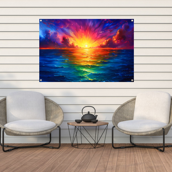 Kleurrijke zonsondergang boven kalme zee tuinposter