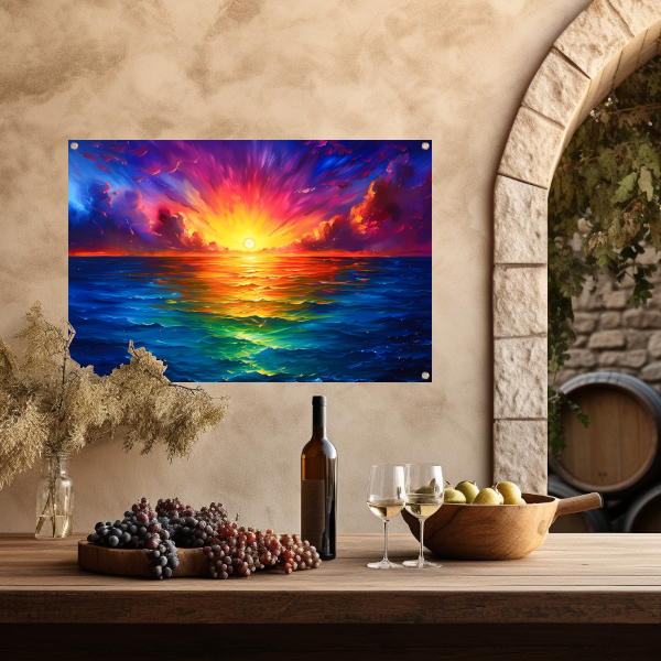 Kleurrijke zonsondergang boven kalme zee tuinposter