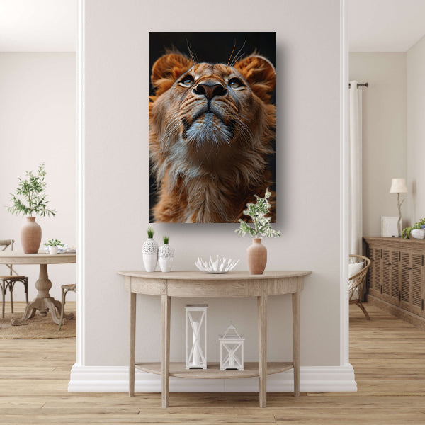 Majestueuze leeuw met intense blik omhoog canvas met baklijst