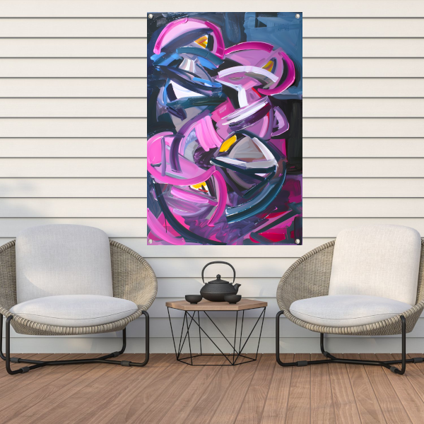 Dynamisch abstract schilderij met levendige kleuren tuinposter