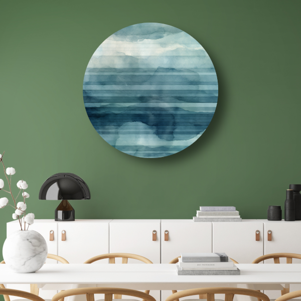 Aquarel landschap met blauwe lucht en witte wolken aluminium muurcirkel
