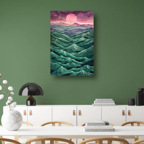 Surrealistisch landschap met bergen en zon canvas