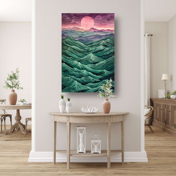 Surrealistisch landschap met bergen en zon canvas