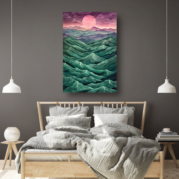 Surrealistisch landschap met bergen en zon canvas