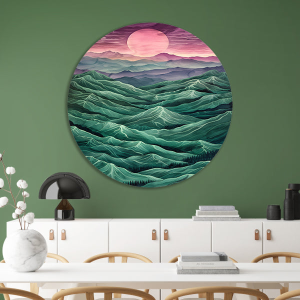 Surrealistisch landschap met bergen en zon forex muurcirkel
