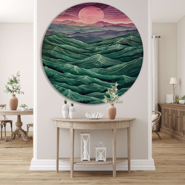 Surrealistisch landschap met bergen en zon forex muurcirkel