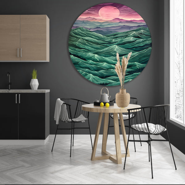 Surrealistisch landschap met bergen en zon forex muurcirkel