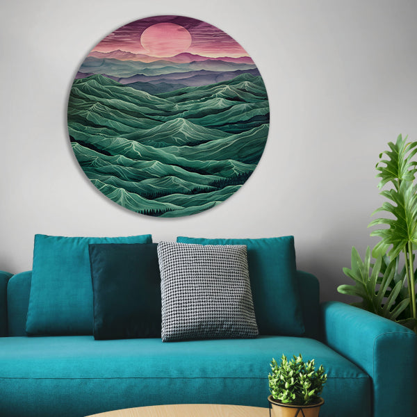 Surrealistisch landschap met bergen en zon forex muurcirkel