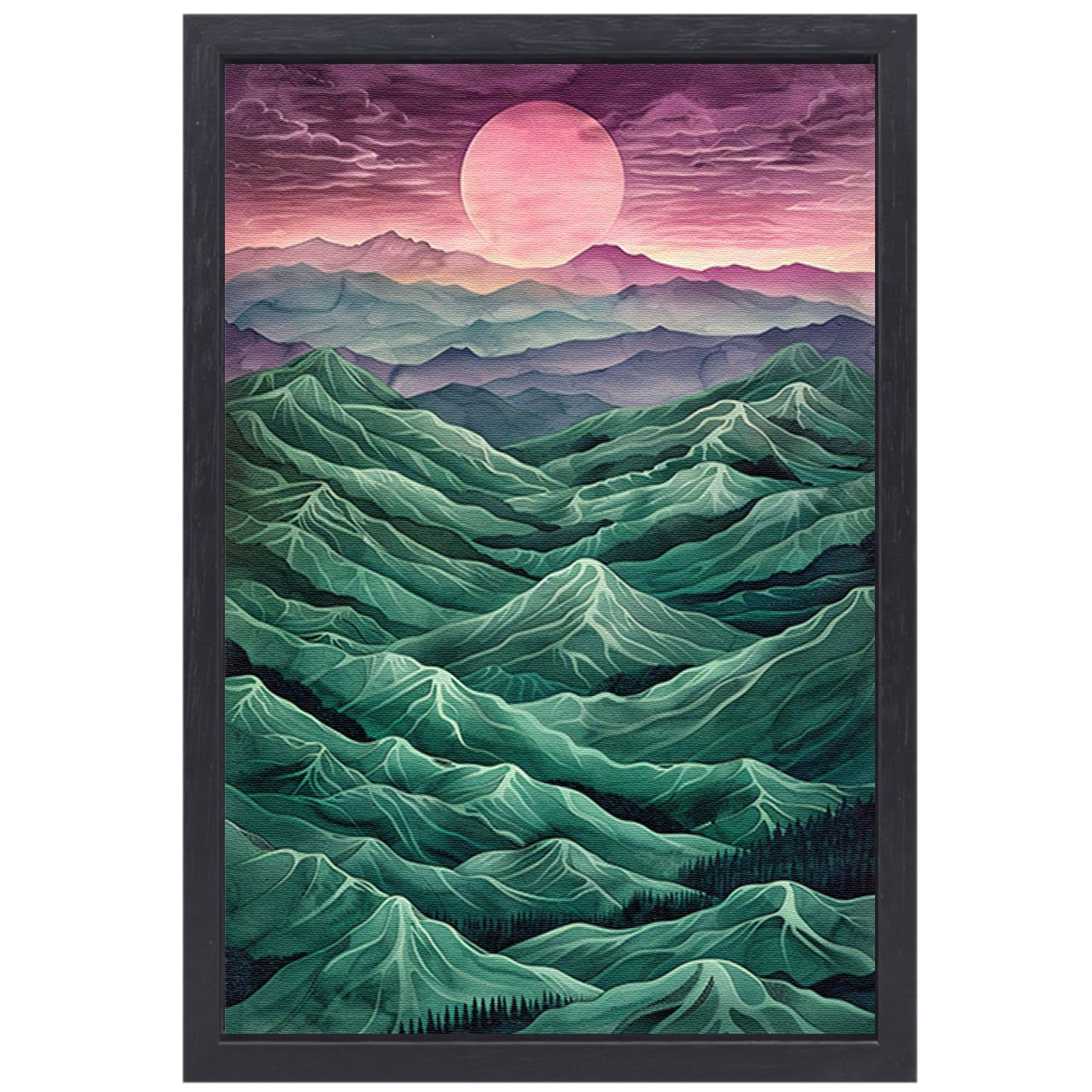 Surrealistisch landschap met bergen en zon canvas met baklijst
