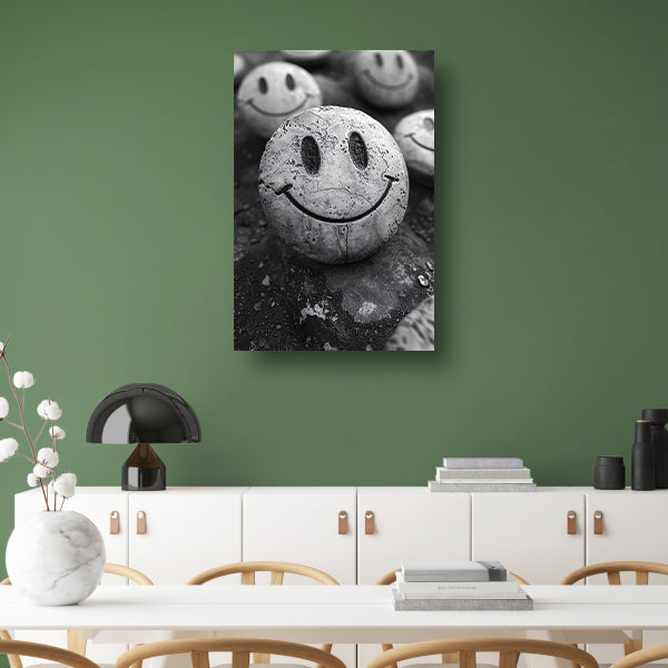 Verweerde Smiley op Steen in Zwart-Wit poster