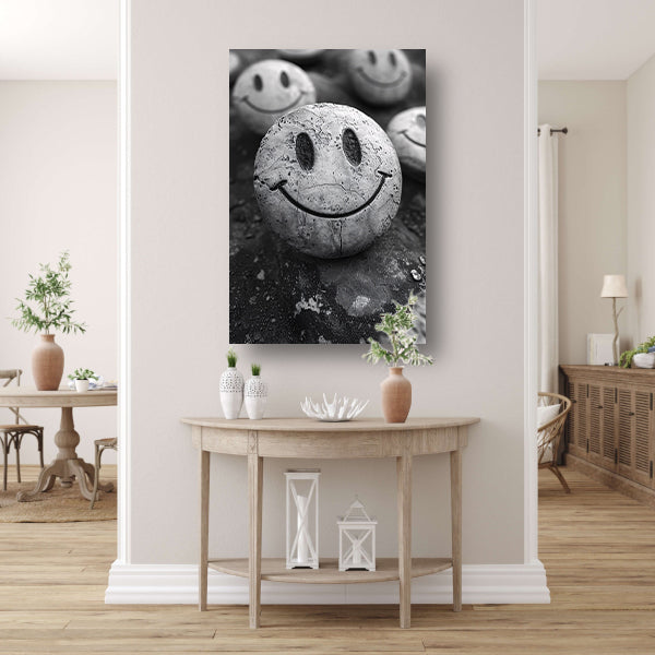 Verweerde Smiley op Steen in Zwart-Wit poster