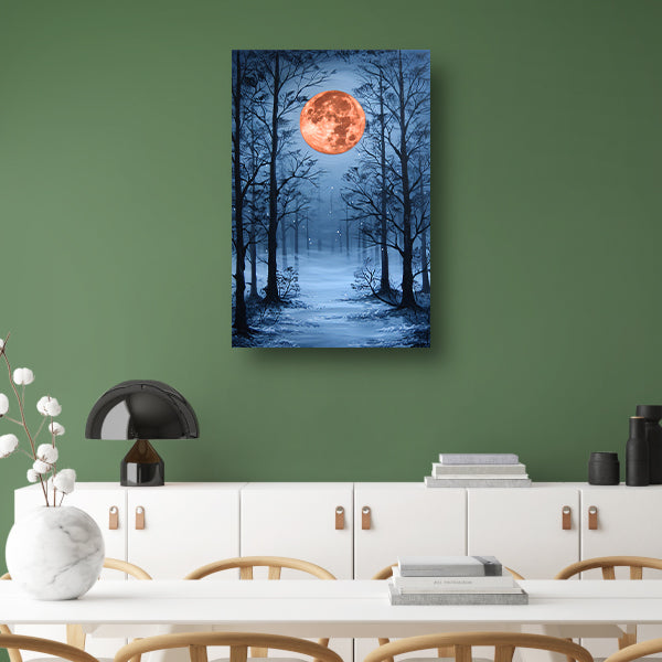 Rode maan boven besneeuwd winters bos canvas