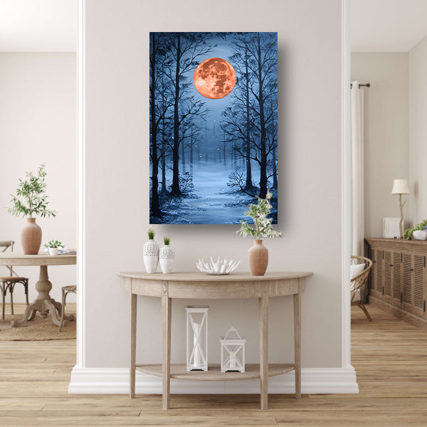 Rode maan boven besneeuwd winters bos canvas
