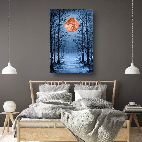 Rode maan boven besneeuwd winters bos canvas
