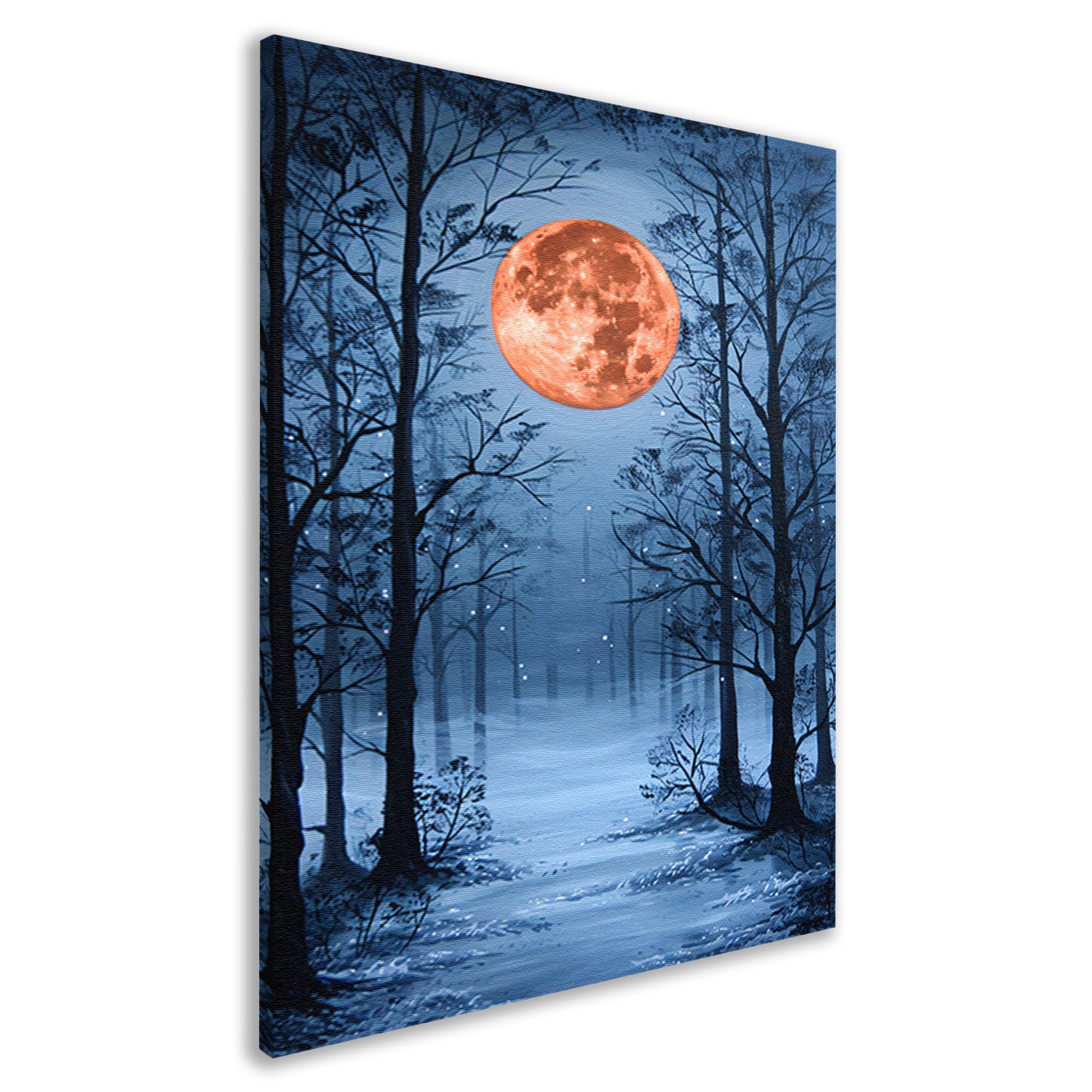 Rode maan boven besneeuwd winters bos canvas