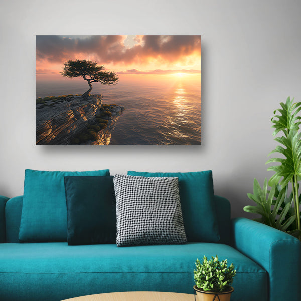 Boom op klif met zonsondergang zee acrylglas