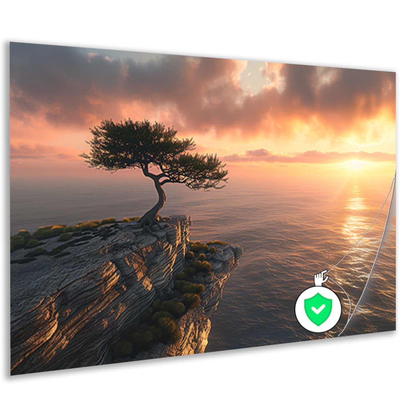 Boom op klif met zonsondergang zee poster