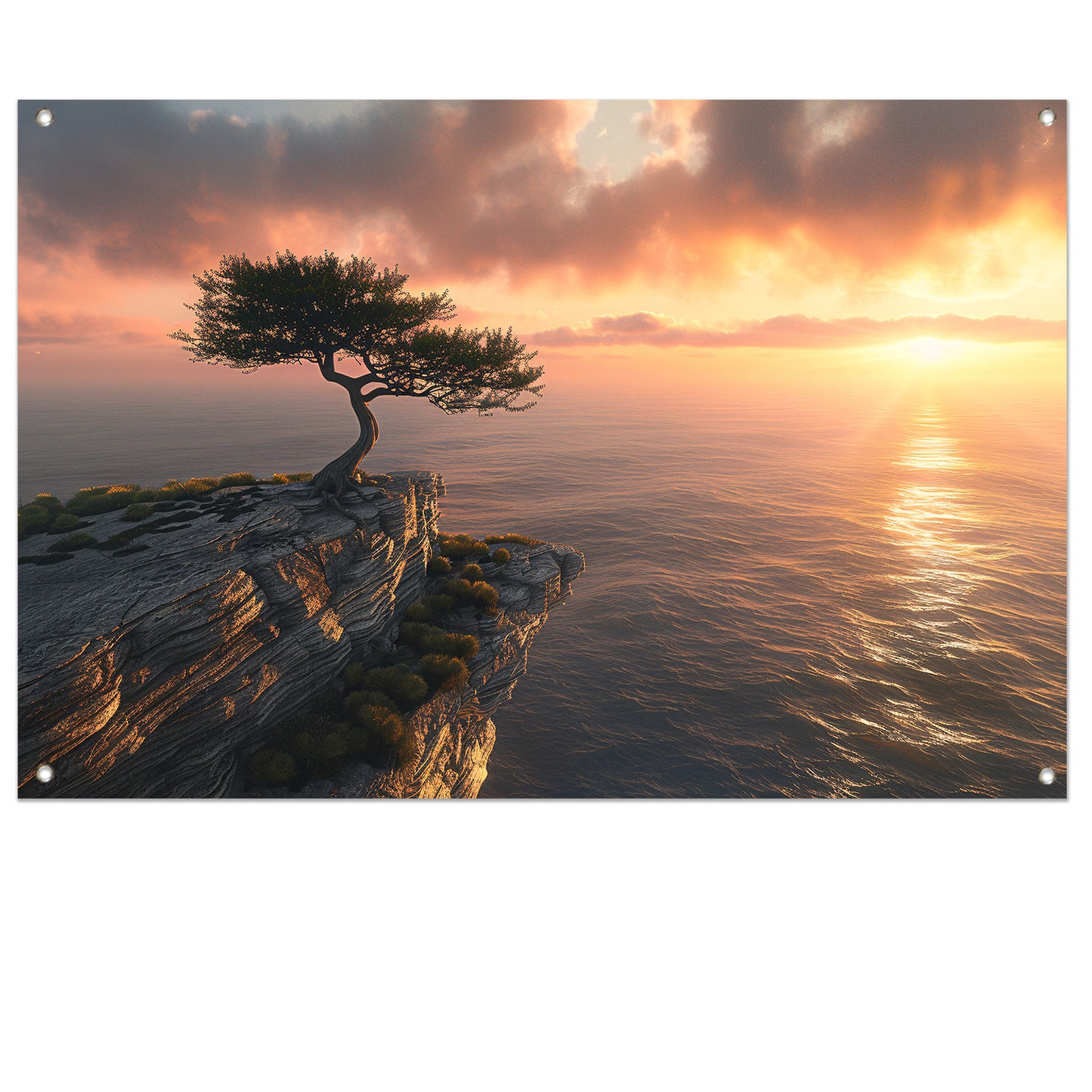 Boom op klif met zonsondergang zee tuinposter