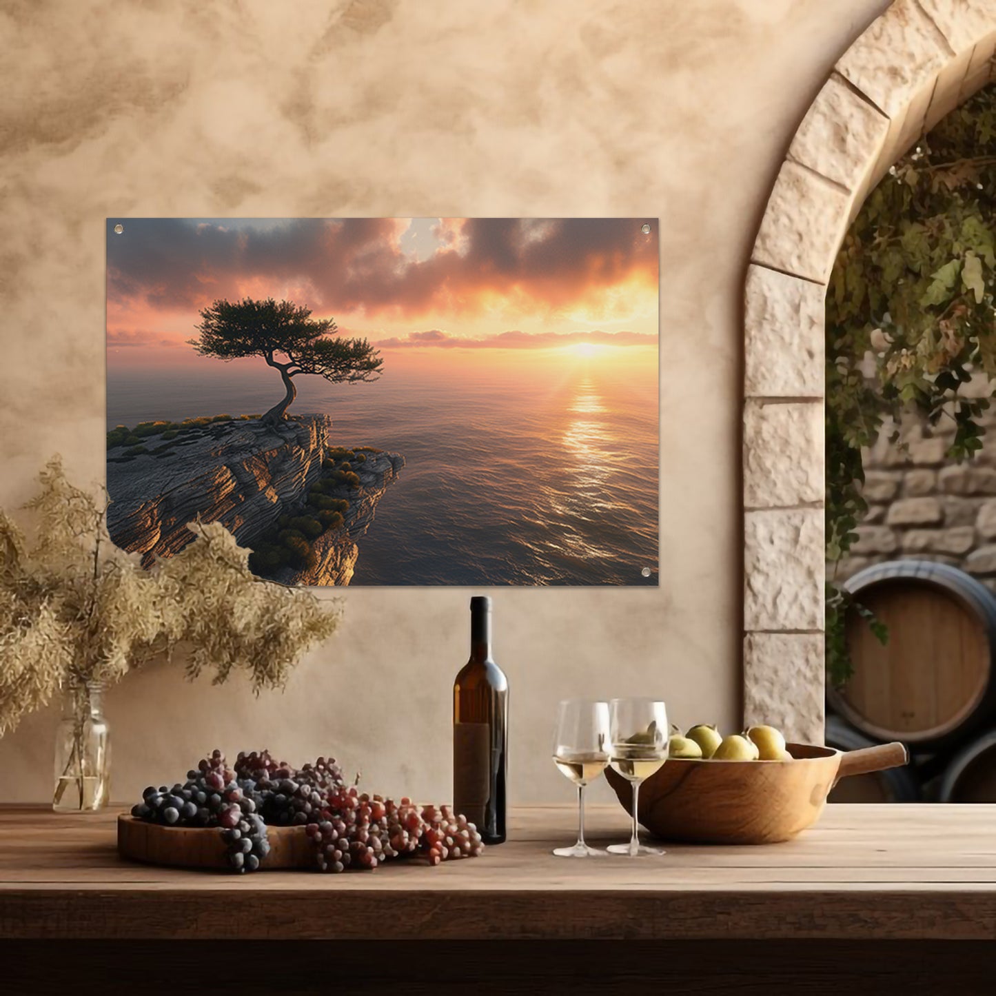 Boom op klif met zonsondergang zee tuinposter