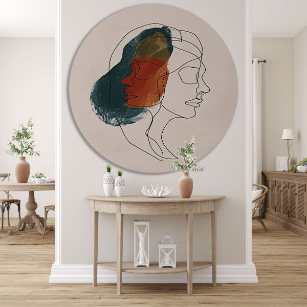 Kleurrijke abstracte lijntekening van gezichten aluminium muurcirkel