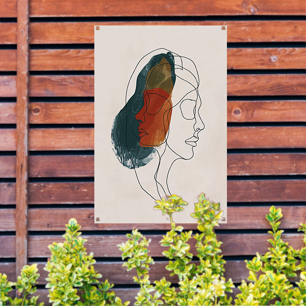 Kleurrijke abstracte lijntekening van gezichten tuinposter
