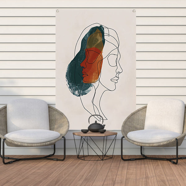 Kleurrijke abstracte lijntekening van gezichten tuinposter