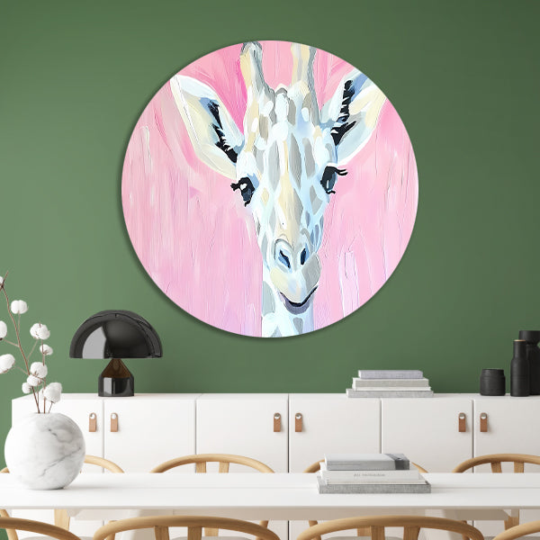 Abstract giraffe schilderij met roze tinten aluminium muurcirkel