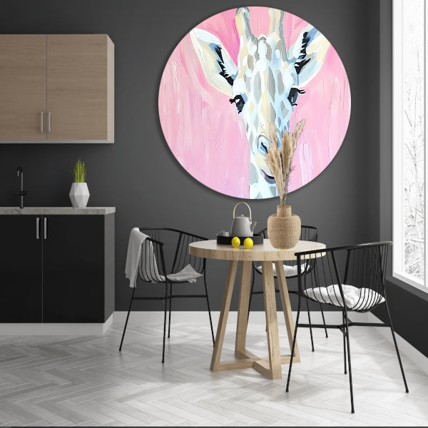 Abstract giraffe schilderij met roze tinten aluminium muurcirkel