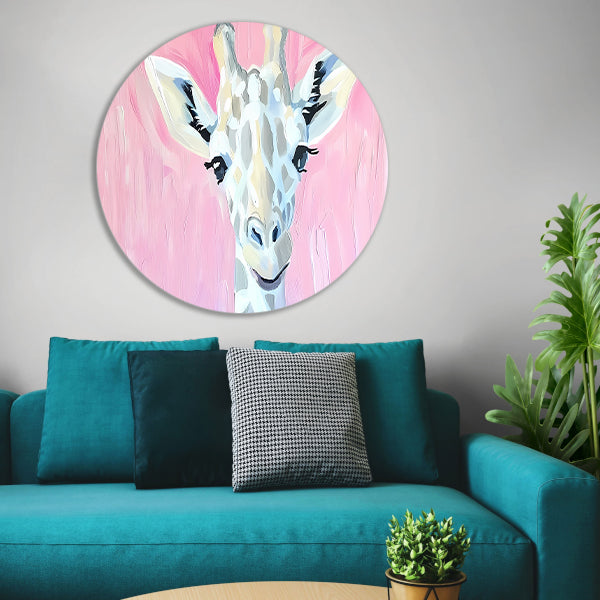 Abstract giraffe schilderij met roze tinten aluminium muurcirkel