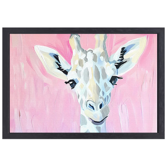 Abstract giraffe schilderij met roze tinten canvas met baklijst