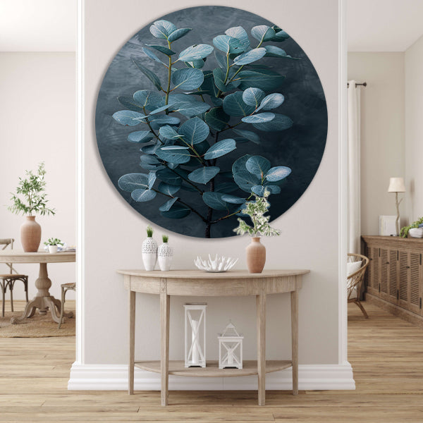 Eucalyptusbladeren met zachte grijze achtergrond aluminium muurcirkel