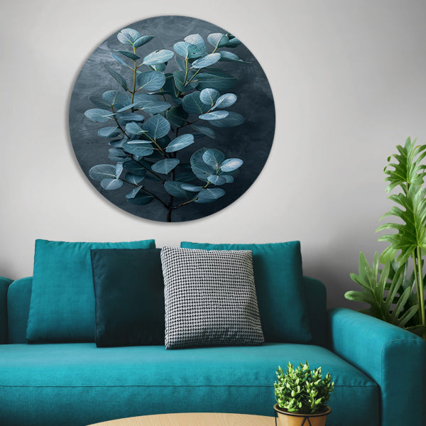 Eucalyptusbladeren met zachte grijze achtergrond aluminium muurcirkel