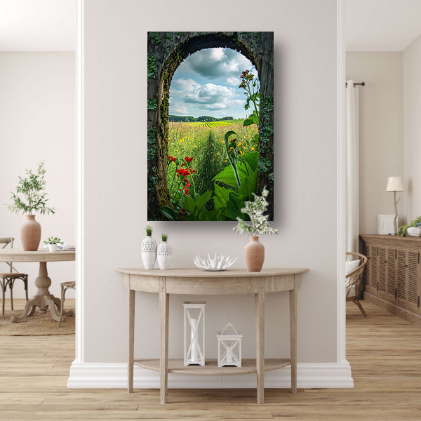 Kleurrijk landschap door houten venster canvas